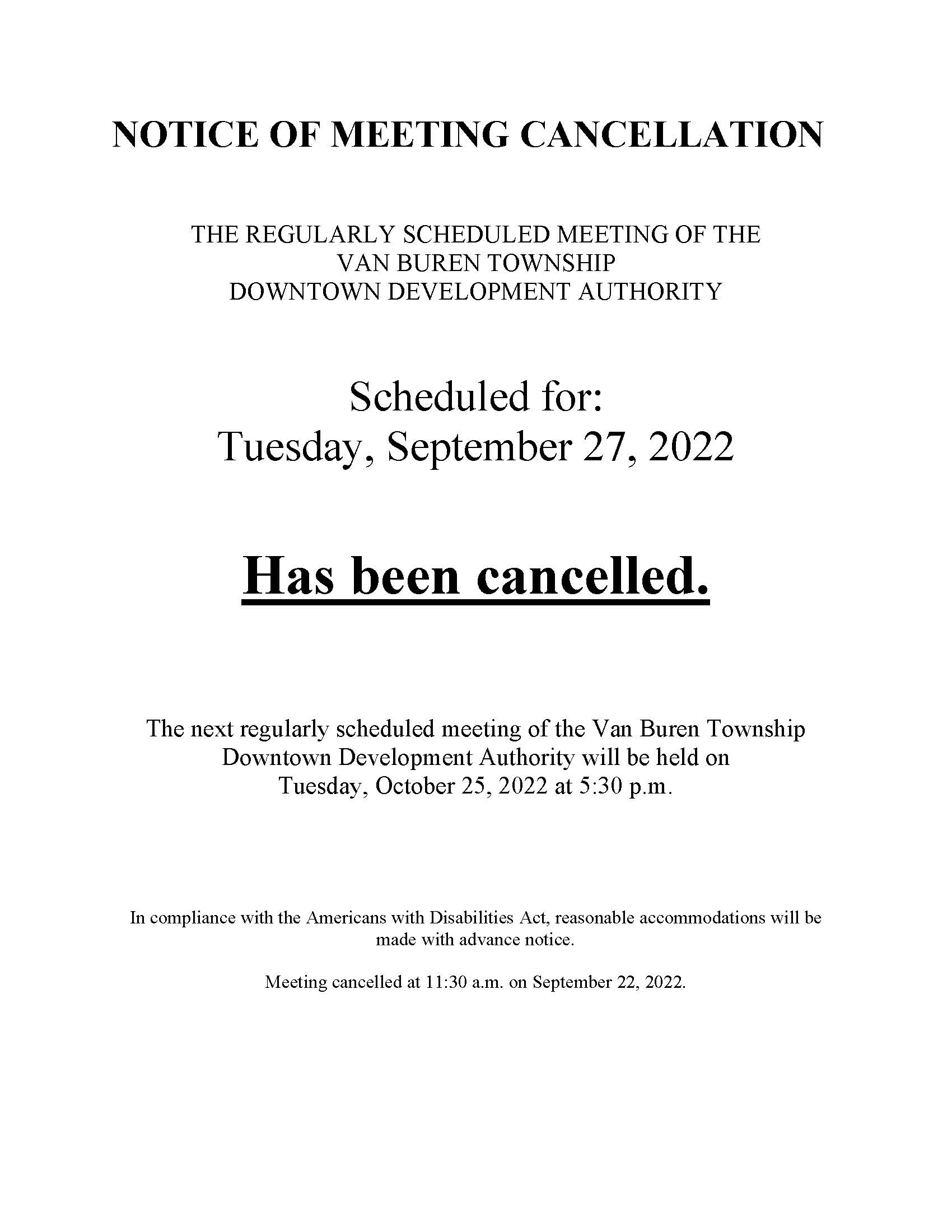 DDA September 27 2022 cancellation notice